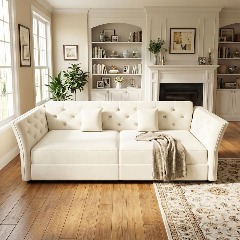 Homy Casa 100"/74" Oversize 4-Seater Convertible Pull Out Sofa Bed with Flower Tufted Velvet - 3-Beige