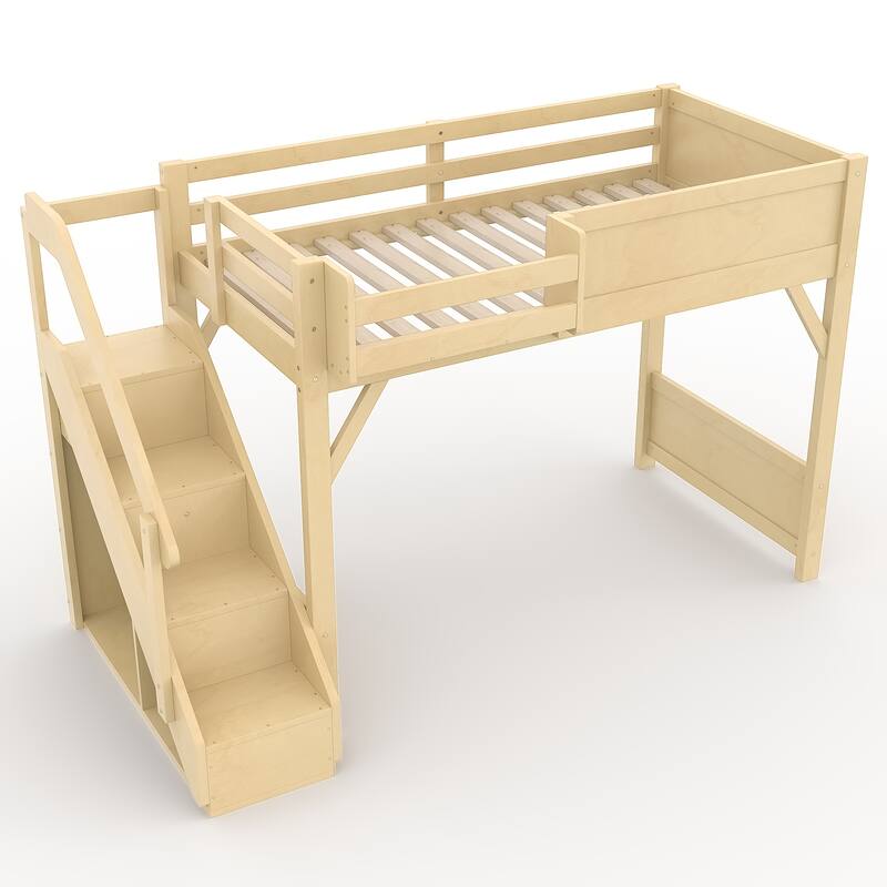 Full/Twin Loft Bed with Built-in Wardrobe, Storage & Stairs - Solid Wood, Full-Length Guardrails, No Box Spring