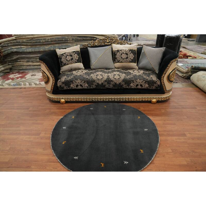 Tribal Gabbeh Oriental Round Rug, Hand-Knotted Black Wool Carpet - 4' 10'' X 4' 10''