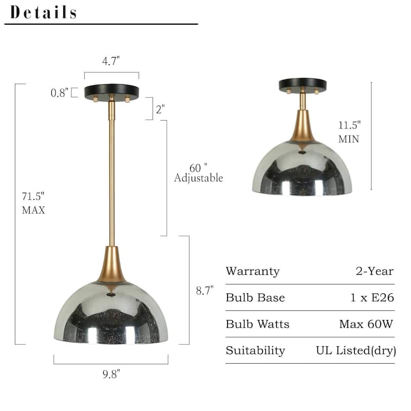 Modern Industrial 1-light Pendant Light Mercury Glass Stain Gold Kitchen Island Light for Dining Room
