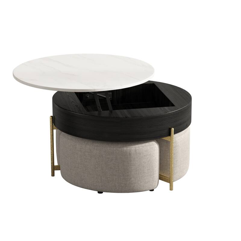 31.5'' Modern Round Lift-Top Coffee Table Set with Storage & 3 Ottomans