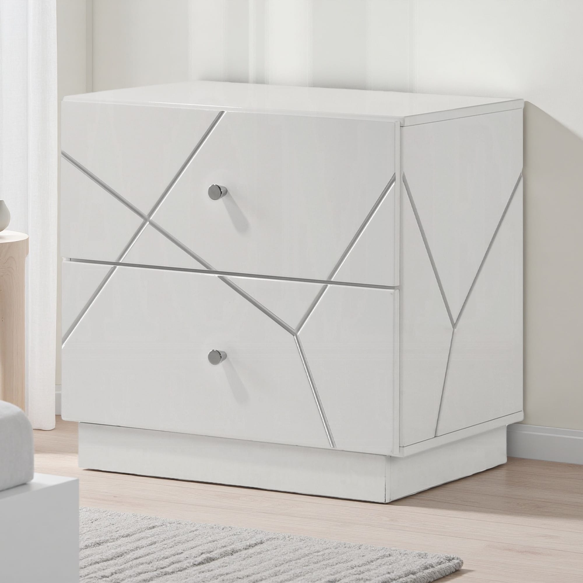 23"L High-Gloss 2-Drawer Nightstand, Embossed Lines, Metal Glide Drawers