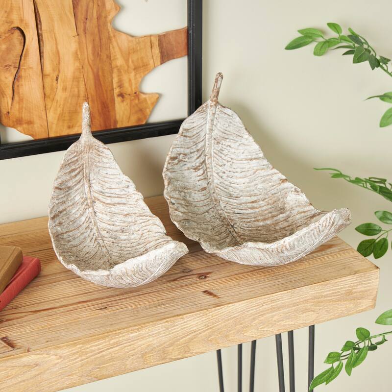 Champagne Resin Textured Leaf Decorative Decorative Bowl with Brown Details (Set of 2) - Champagne