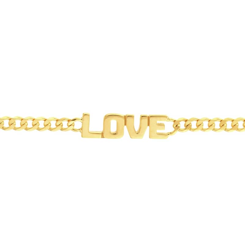 Curata 14k Yellow Gold 7.25" LOVE Plate Adjustable Curb Chain Bracelet
