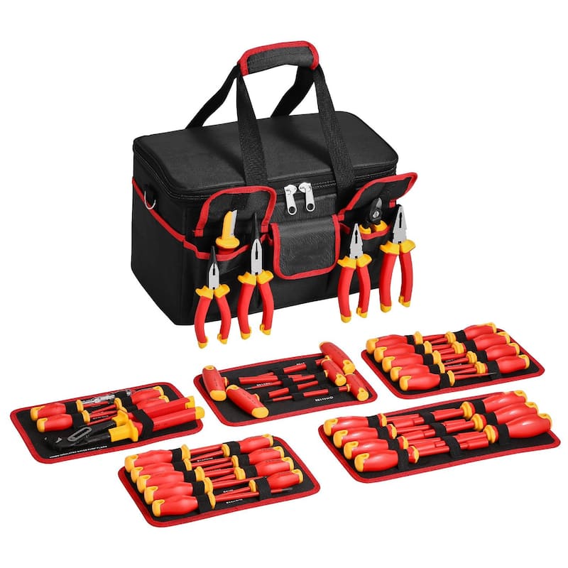 50 Piece Insulated Tool Set 50 for Electricians with Tools Handles and Tool Bag - 15.94 x 8.26 x 9 in - Black-Yellow-Red