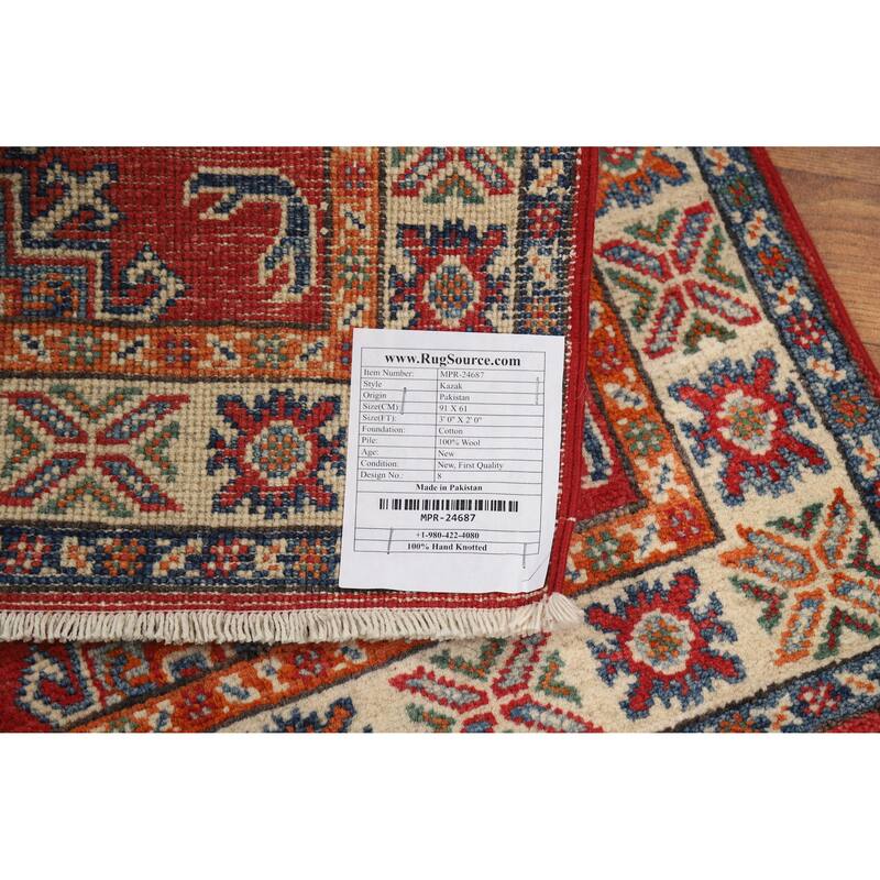 Traditional Kazak Oriental Foyer Rug Hand-Knotted Red Wool Carpet - 2'0"x 3'0"