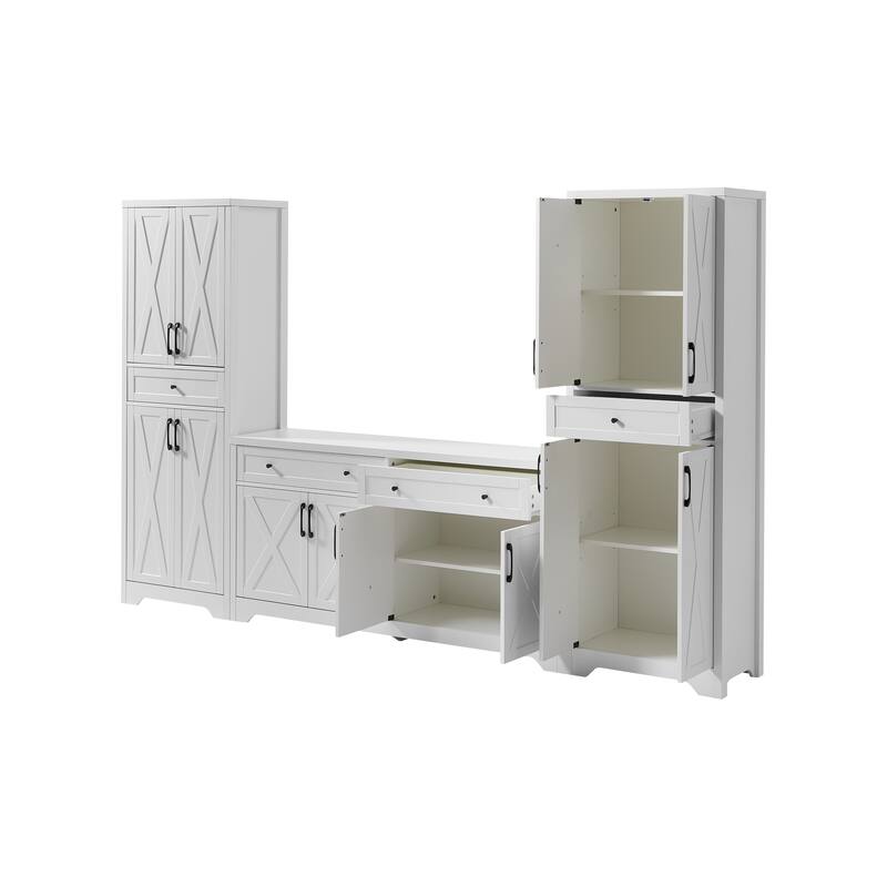 TV Cabinet Set Multifunctional TV Wall, One TV Cabinet and Two Sideboards for Living Room, White, 108.7''L x 15''W x 68''H
