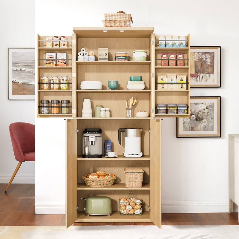 Modern 72"H Fluted Wood Kitchen Pantry Cabinet with 6 Shelves for Versatile Storage Solutions