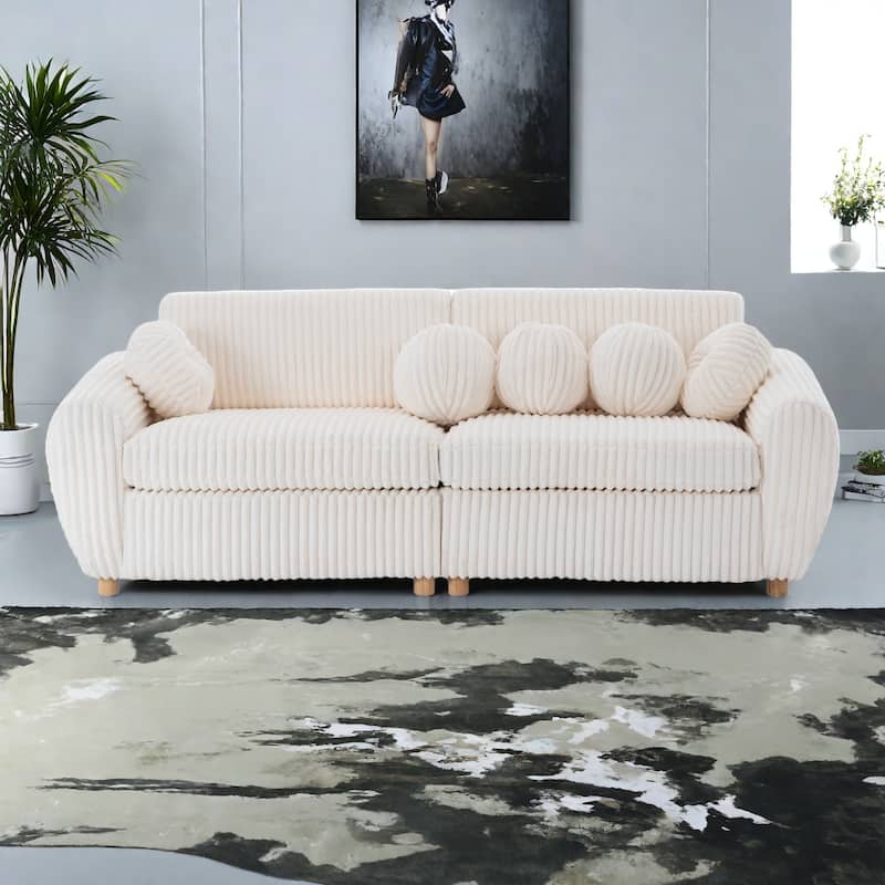 84.4" Corduroy 3-Seater Sofa with Solid Wood Frame, Comfortable Cushions - White