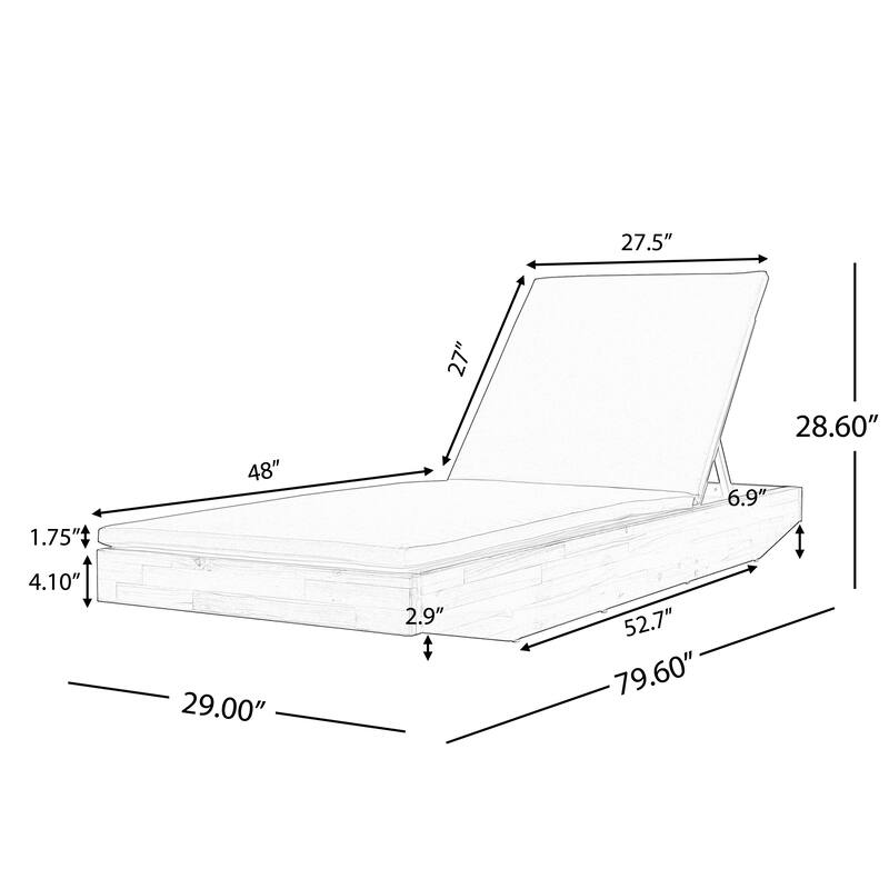 Christopher Knight Home - Outdoor Acacia Wood Chaise Lounge with Ergonomic 2-Fold Thin Water-Repellent Cushion - 79.6"L