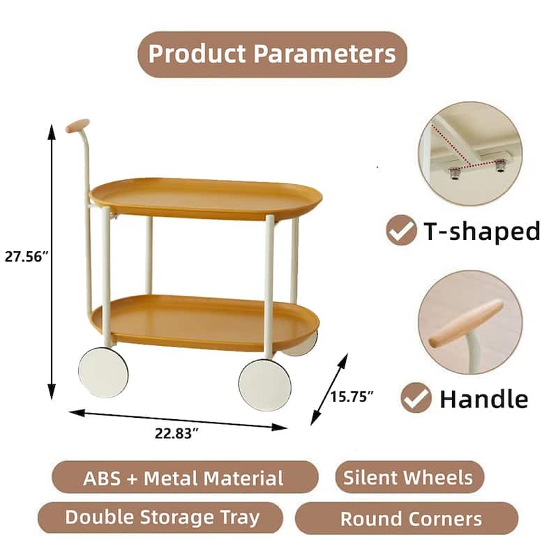 Modern 2-Tier Rolling Serving, Metal Bar Cart with Wheels, Storage - 27.56"H