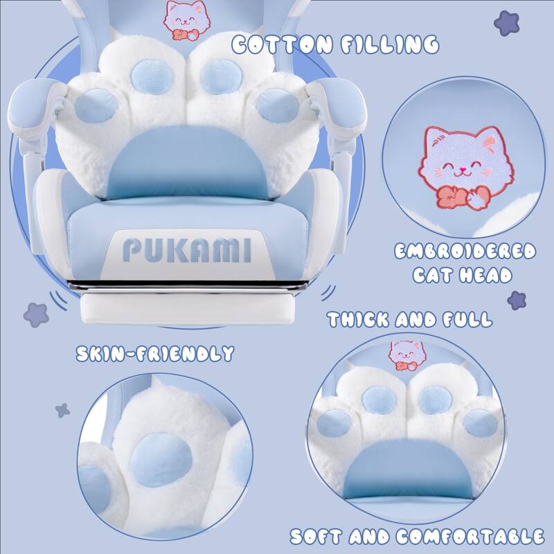 BOSSIN Gaming Chair with Cat Ears and Cat Paw Cushion Pillow,Cute Kawaii Reclining Computer Chair for Girl with Footrest