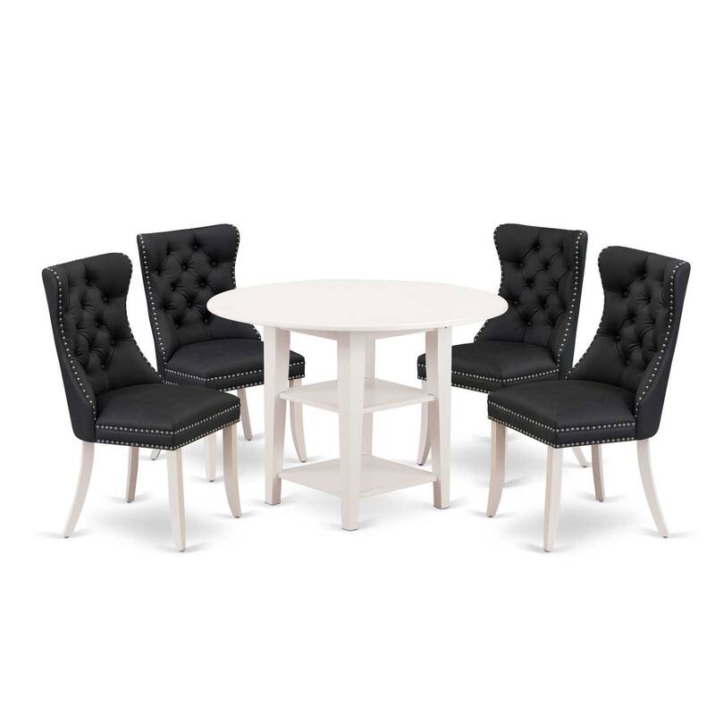 5-Piece Linen White Finish Solid Wood Top - Round Dining Room Set - Seats 4