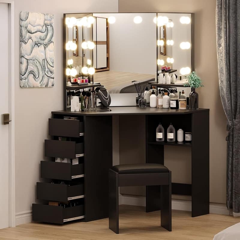 Corner Vanity Desk with Lighted Mirror and Stool, 5 Drawers, Charging Station - Black