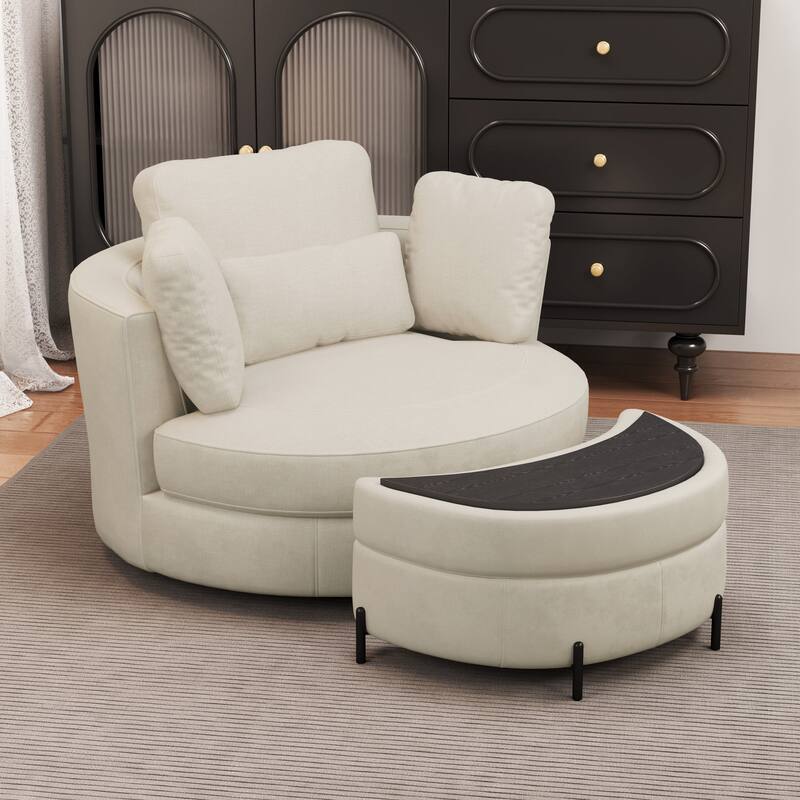 Modern Chenille 360° Swivel Accent Barrel Chair and Storage Ottoman - Beige