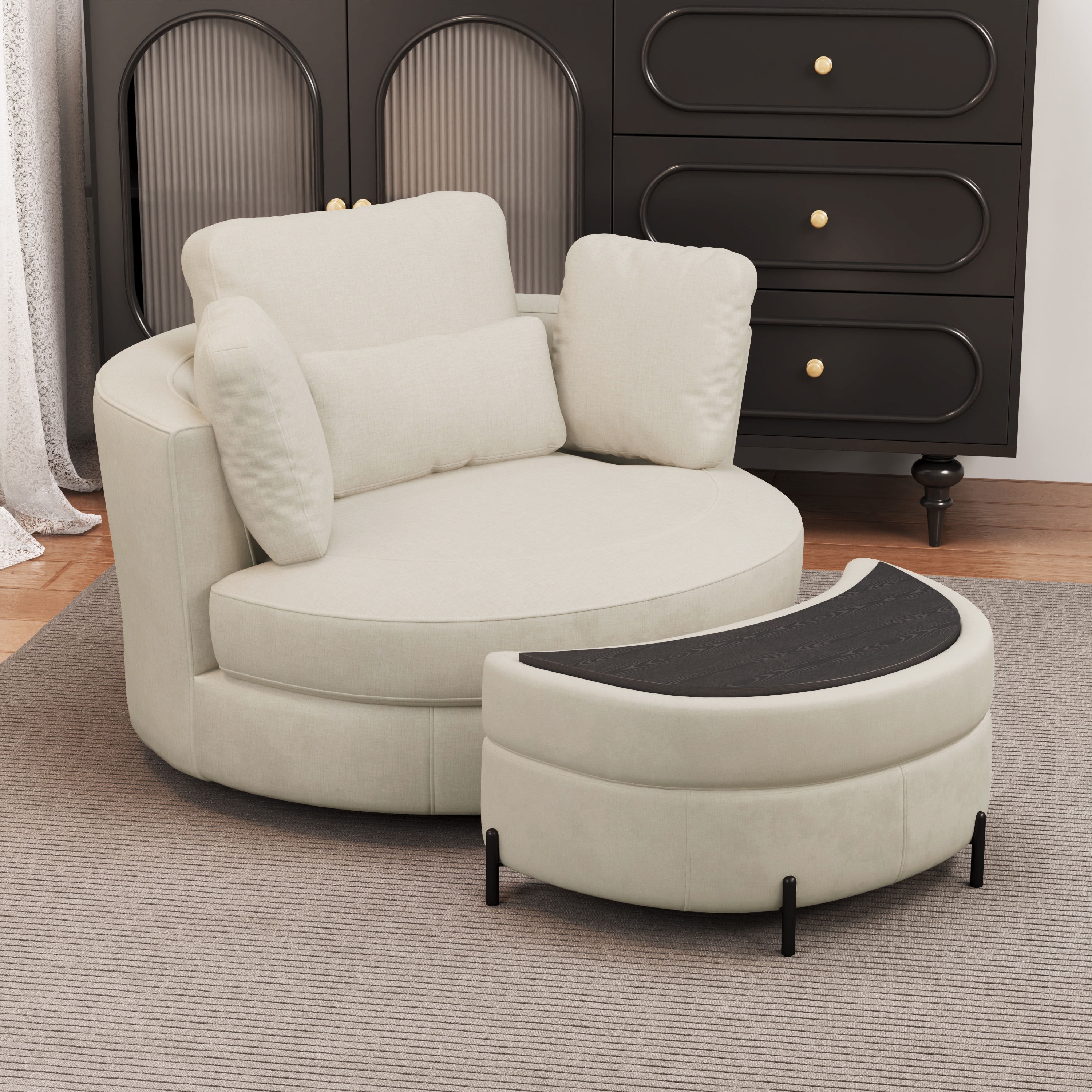 Modern 50"W Oversized Swivel Accent Chair Set, Chenille Barrel Chair With Storage Ottoman