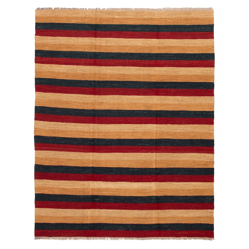 ECARPETGALLERY Flat-Weave Natural Brown, Red Wool Tapestry Kilim - 8'1 x 10'4 - Light Brown/ Red - 8'1 x 10'4