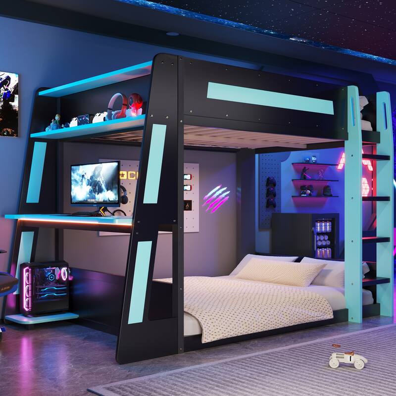 Gaming Bunk Bed with Computer Desk, Storage Shelves, USB Port and LED Strip Lighting, Esports Design, Wooden Gaming Bed