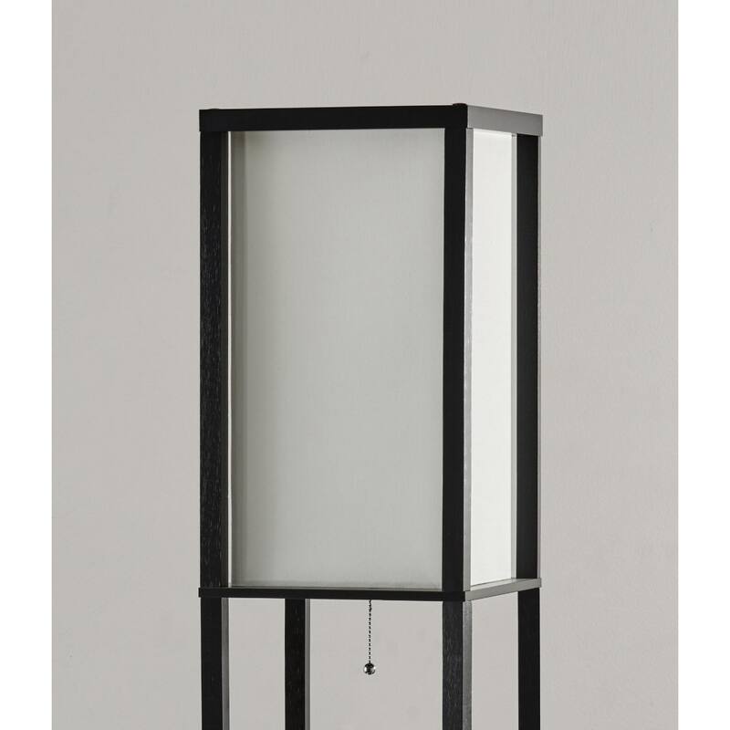 Black and White Solid Wood Column Floor Lamp with Cotton Shade and Pull Chain - 11.5” x 11.5” x 72” (D x W x H)