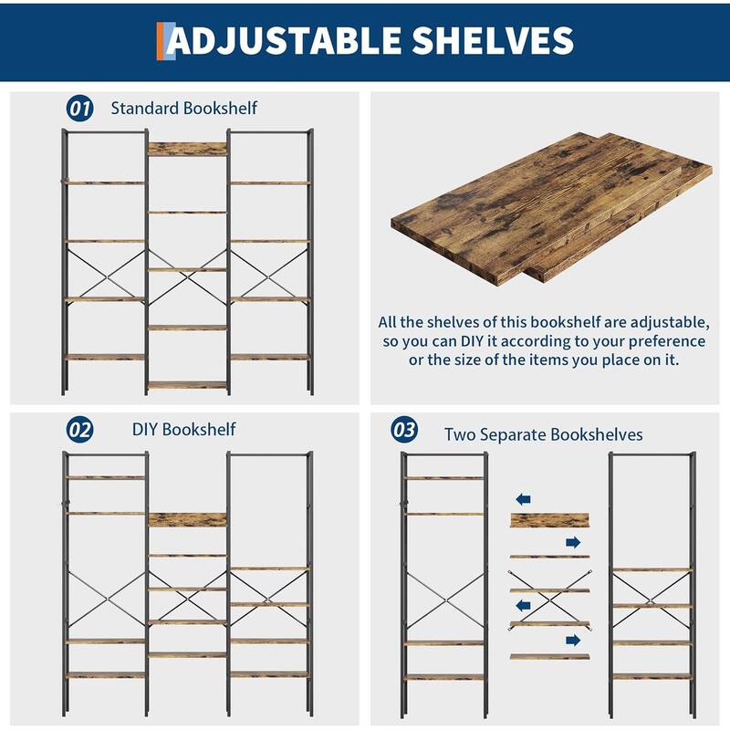 Triple Column 5-Tier Bookshelf, Rustic Industrial Bookshelf with Frame