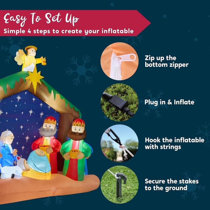 8 FT Long Christmas Inflatables Nativity Scene, Christmas Blow Up Nativity Set with Build-in LEDs - Multicolor