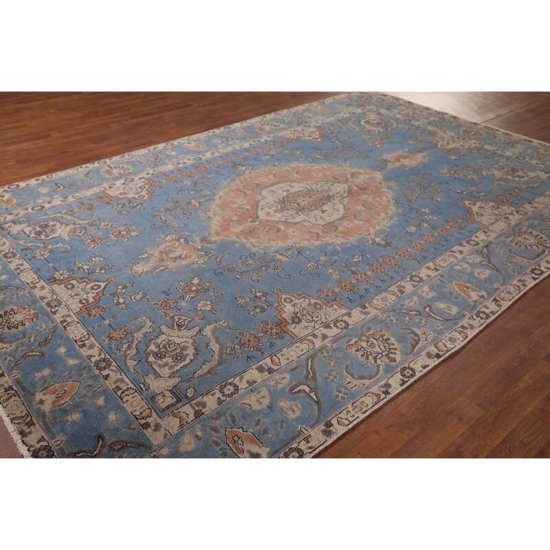 Blue Tabriz Persian Vintage Area Rug Handmade Wool Carpet - 6'11"x 10'9"