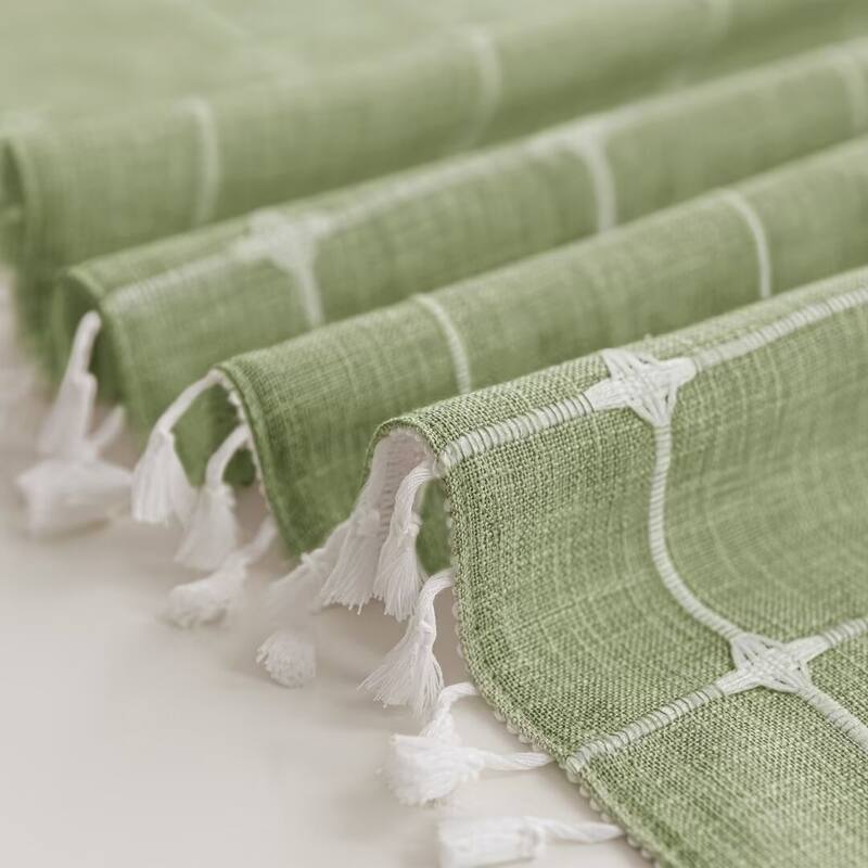 No Hooks Linen Textured Geometric Tassels Shower Curtain with Snap-in Liner
