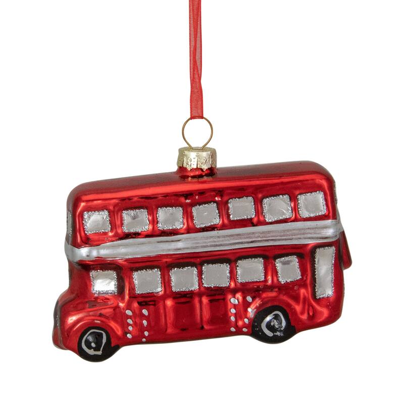 Double Decker Bus Glass Christmas Ornament - 3.75" - Silver and Red