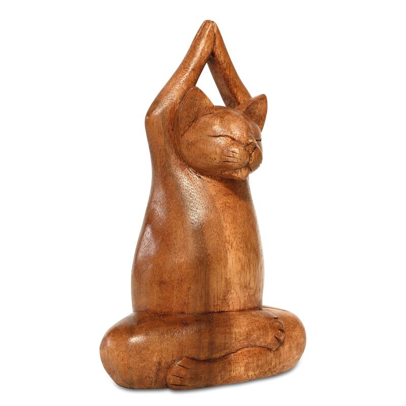 8" Wooden Handmade Hand Carved Yoga Lotus Pose Cat Sculpture Statue Home Decor - 8" tall x 4" wide x 3" deep