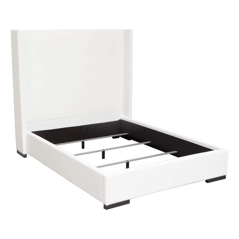 Boa Queen Size Bed w Vintage Wing Headboard, White Linen Upholstery