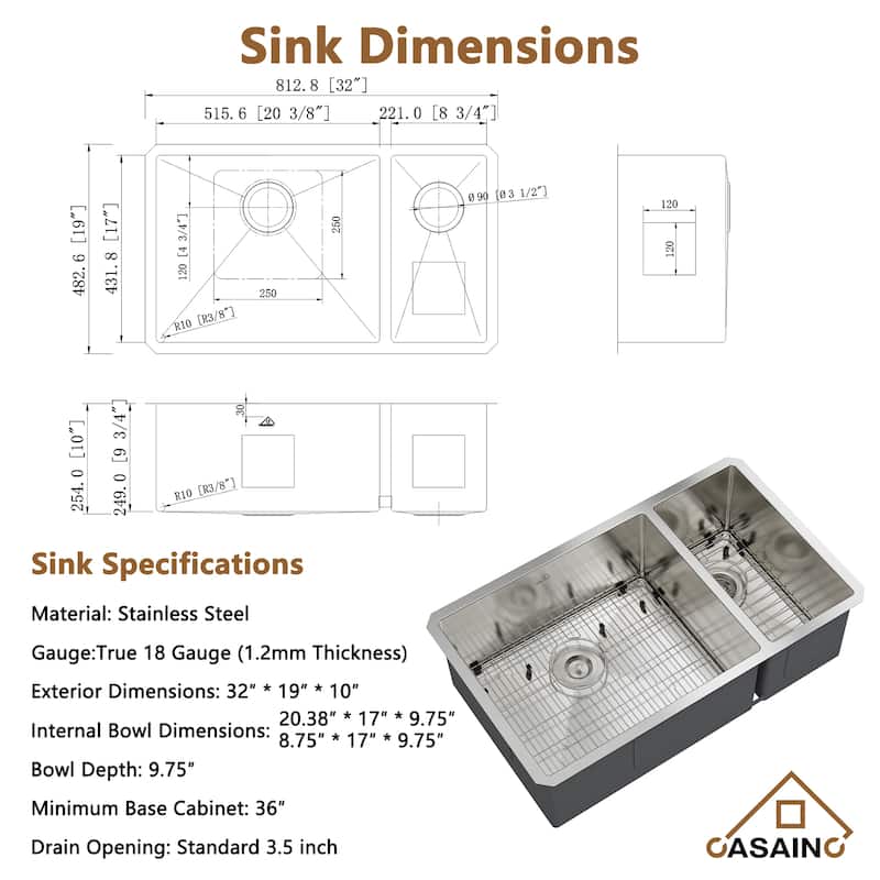 Handmade Undermount 60/40 Double Bowl 18 Gauge Stainless Steel Kitchen Sink with Bottom Grids and Basket Strainers