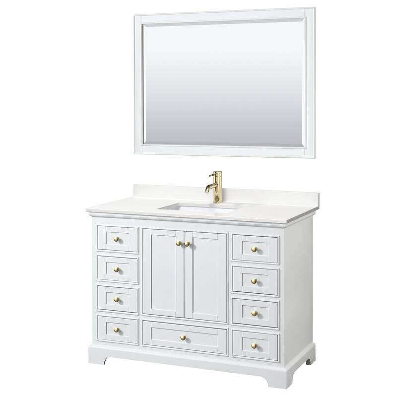 Deborah 48-inch Single Vanity, Quartz Top, 46-inch Mirror - White, Gold Trim, White Quartz Top
