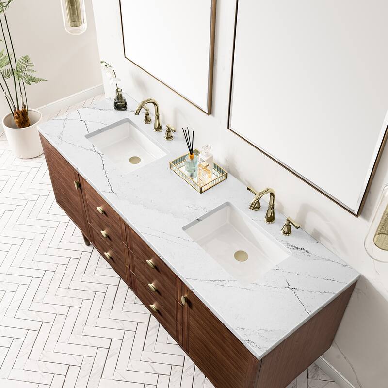 James Martin Vanities Amberly 72" Double Vanity, Mid-Century Walnut - Ethereal Noctis Quartz