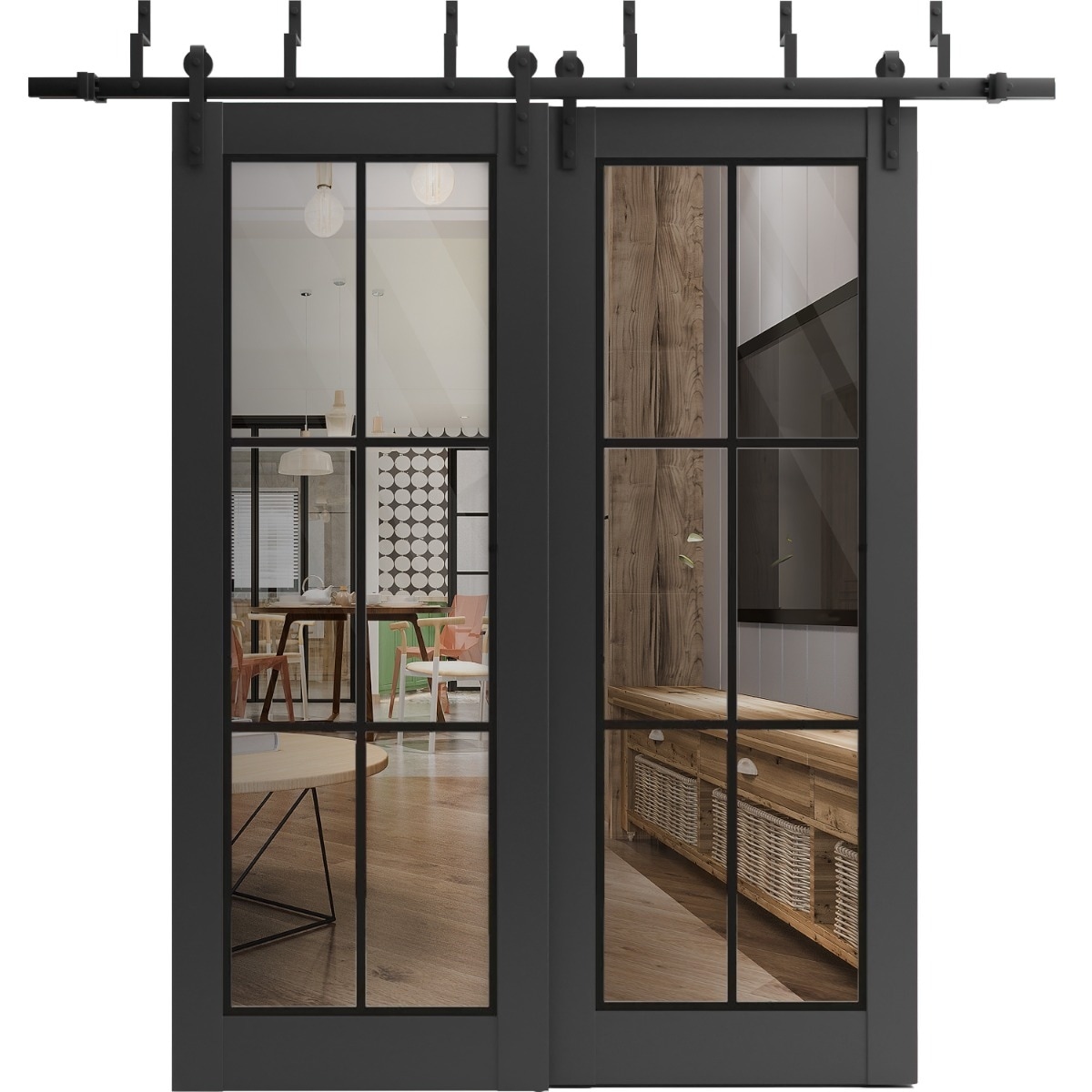 SartoDoors Lucia 2366 | Closet Door Bypass Barn Door | Solid Wood w/ Glass | Hardware Set | 36x80, Matte Black Bedroom Door