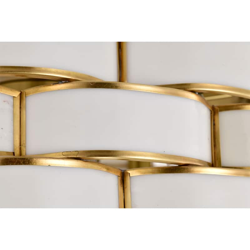 Lighted Ceiling Fan 6-Light Fandelier Brass Trim Opaque Glass Ribbon Weave Shade Remote Control