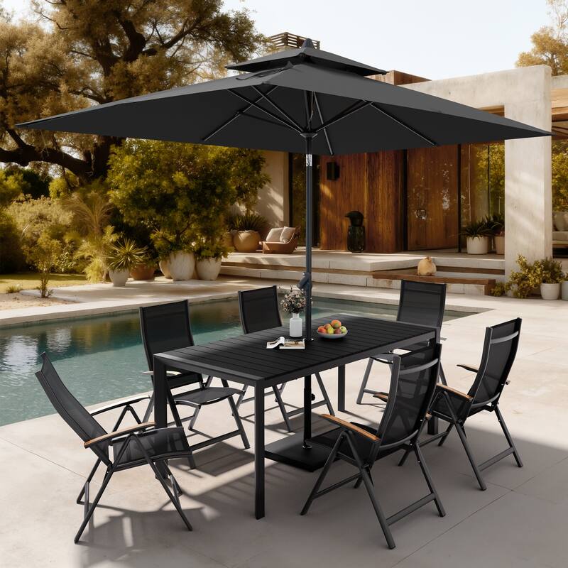 9-Piece Outdoor Patio Dining Set Wood Like Aluminum Umbrella Hole Table with Folding Chairs, Market Umbrella and Base - BlackTable&BlackChairs&BlackUmbrella