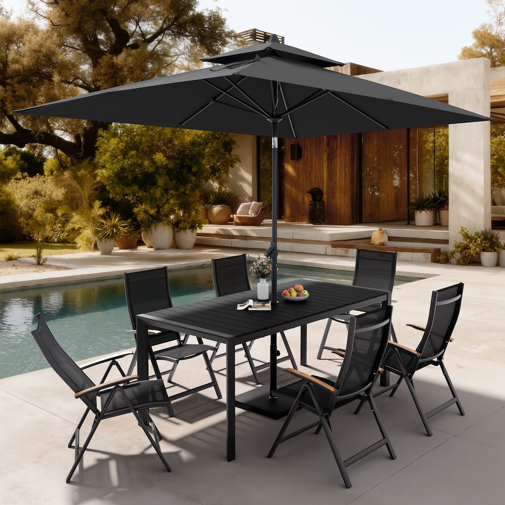 9-Piece Outdoor Patio Dining Set Wood Like Aluminum Umbrella Hole Table with Folding Chairs, Market Umbrella and Base