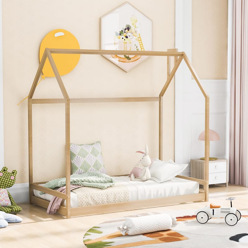 Twin/Full Size Wooden House Bed for Kids, Semi-Enclosed Playhouse Design with Roof, Perfect for Bedroom Fun and Sleep