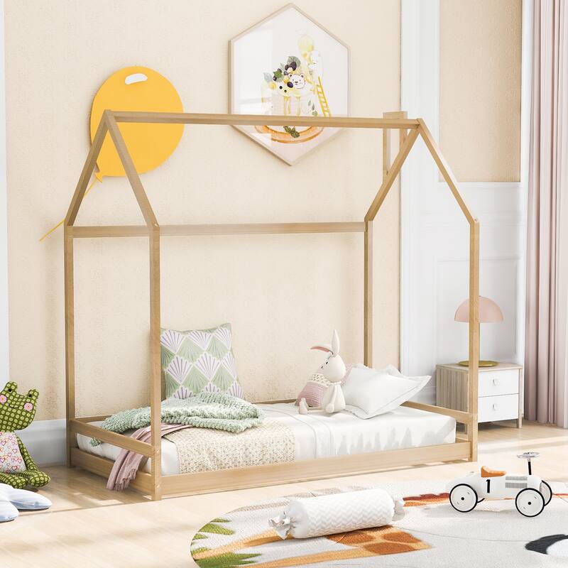 Twin Size House Bed with Roof, Playhouse Design, and Pinewood Frame - Natural