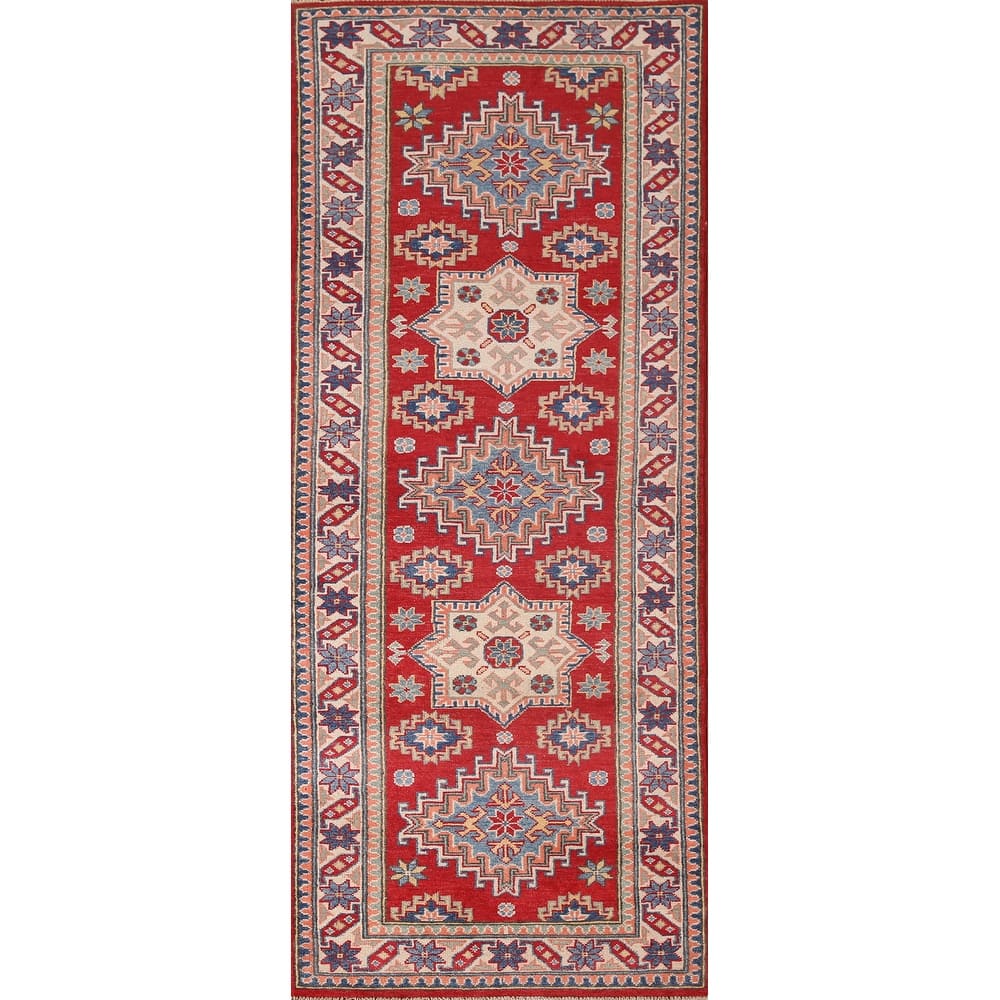 Red Kazak Runner Rug Hand-Knotted Wool Carpet - 2'8" x 8'0"