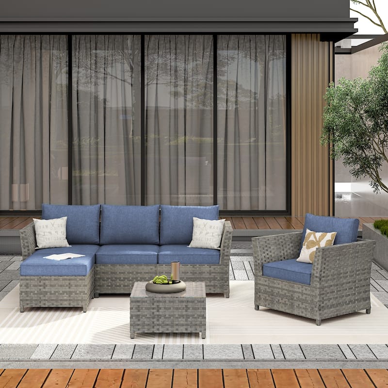 OVIOS 6-Piece Patio Grey Wicker Conversation Set