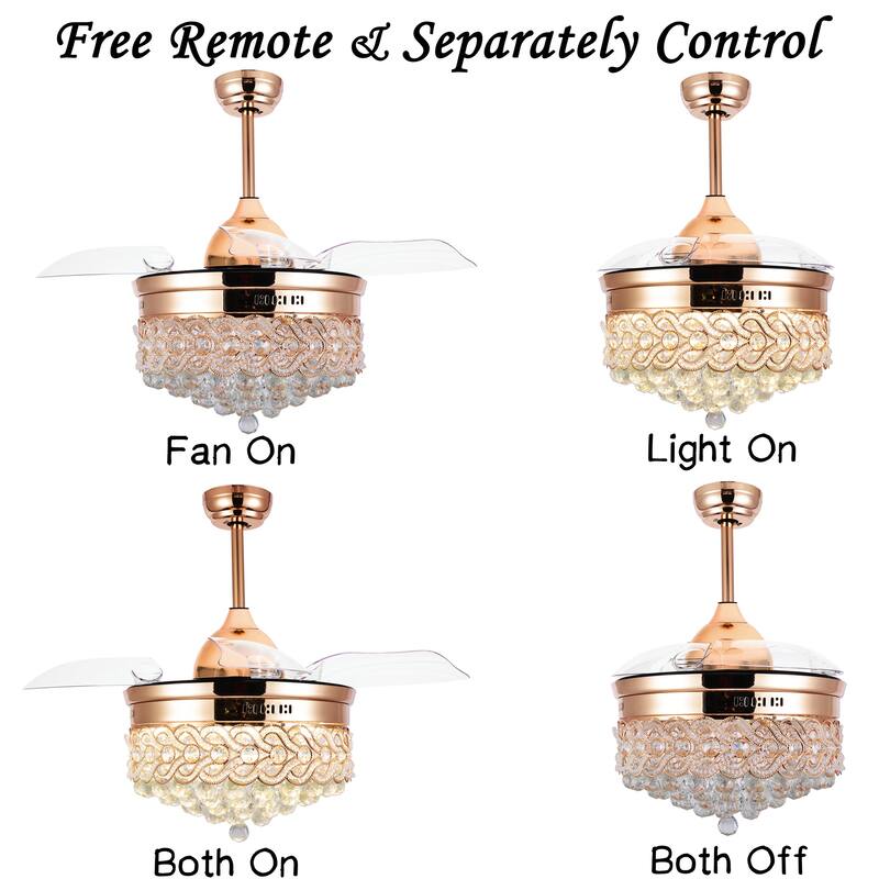 Bella Depot 42" Modern Crystal Retractable Ceiling Fan with LED Light and Remote Control