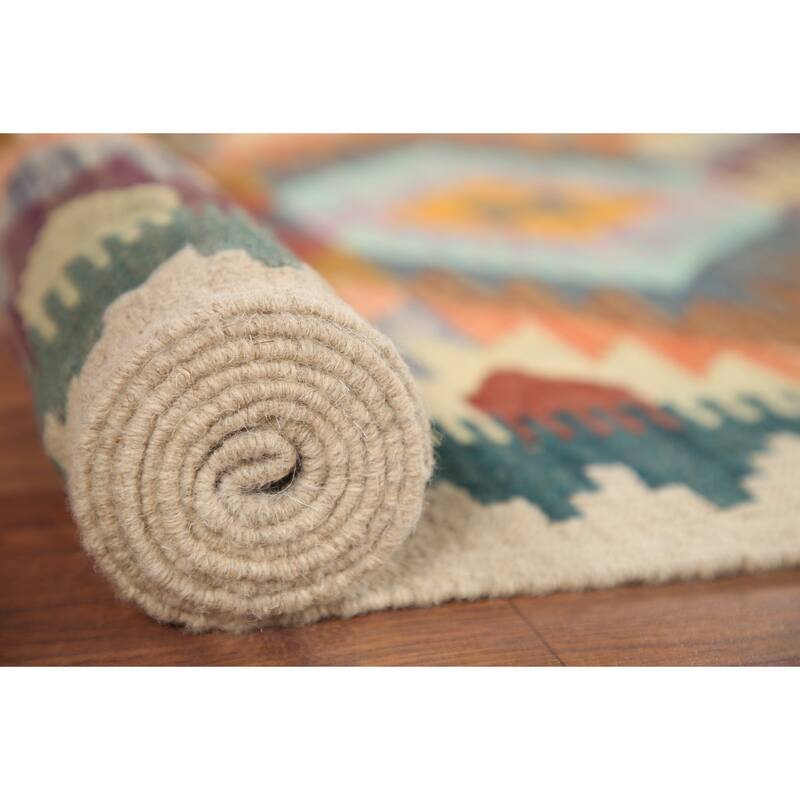 Hand Woven Oriental 100% Wool Carpet Southwestern Geometric Multi-Colored Kilim Runner Rug - 12' 3'' X 2' 9''