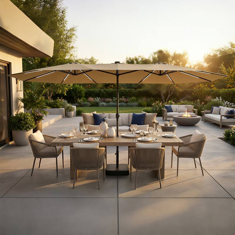 15FT Solar LED Double-Sided Patio Umbrella with Base, 12 Light Strips, 2000mAh