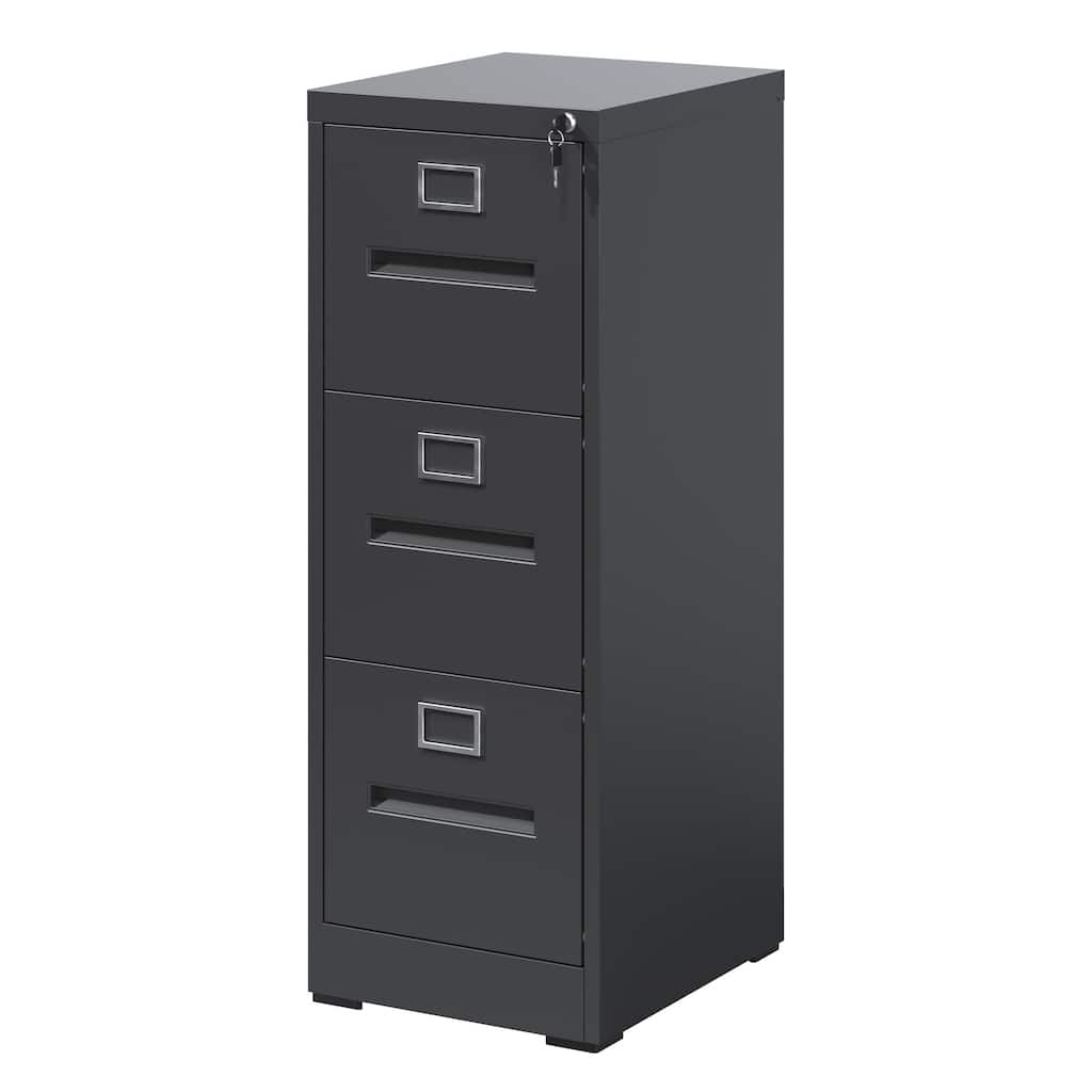 Modern Narrow Vertical File Cabinet, 3 Drawers Filing Cabinet with Lock Adjustable Hanging Rail, for Home Office, Black
