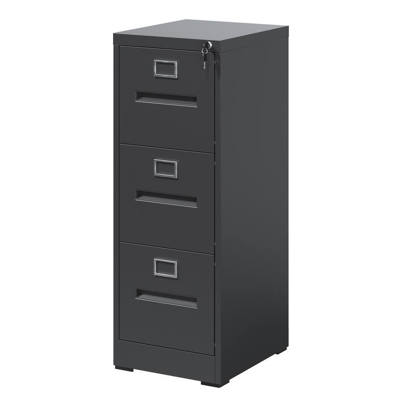 Modern Narrow Vertical File Cabinet, 3 Drawers Filing Cabinet with Lock Adjustable Hanging Rail, for Home Office, Black - Black
