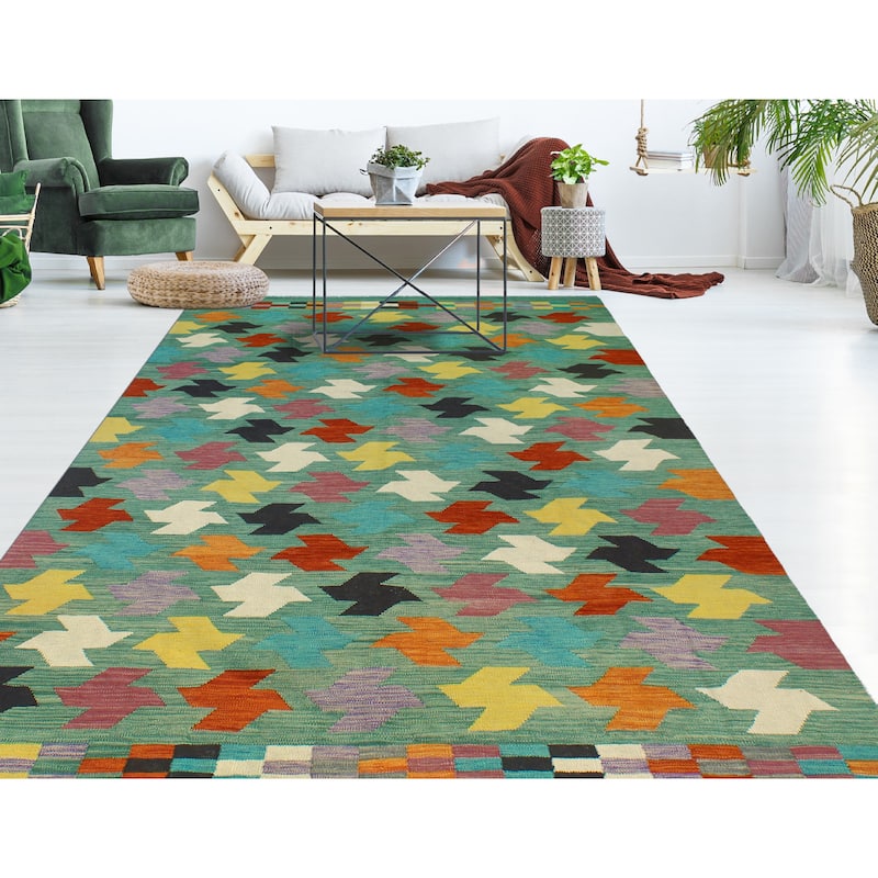 Modern Flatweave Elian Green/Ivory Rug - 6'9" x 9'10"