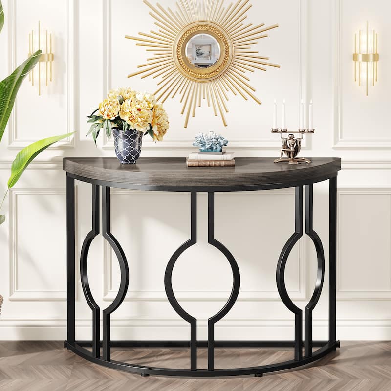 43" Half Moon Console Table for Entryway, Industrial Semi Circle Sofa Table with Geometric Base