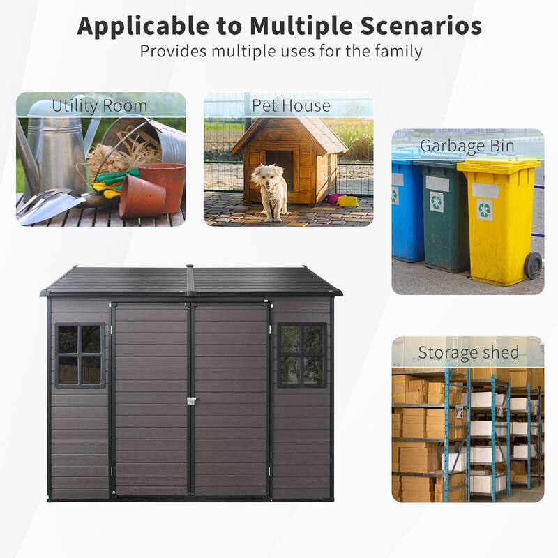 Resin Outdoor Storage Shed UV-Proof Garden Tool Shed with Sloping Roof & Lockable Double Doors, Built-in Floor