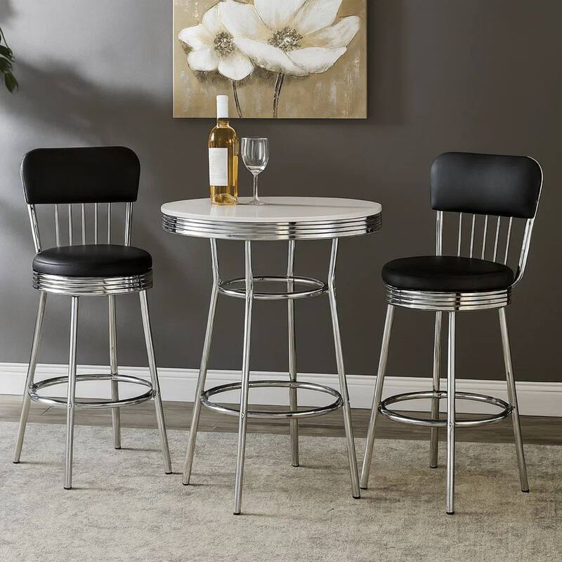 42 Inch Round Bar Table, Ribbed Apron, Glossy White Lacquer, Retro Style